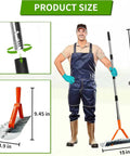 Man holding All Purpose Lawn Thatch Rake With 15 Inch Head Beefy 19 Tines 68 Inch Adjustable Handle, showing rake and handle details.