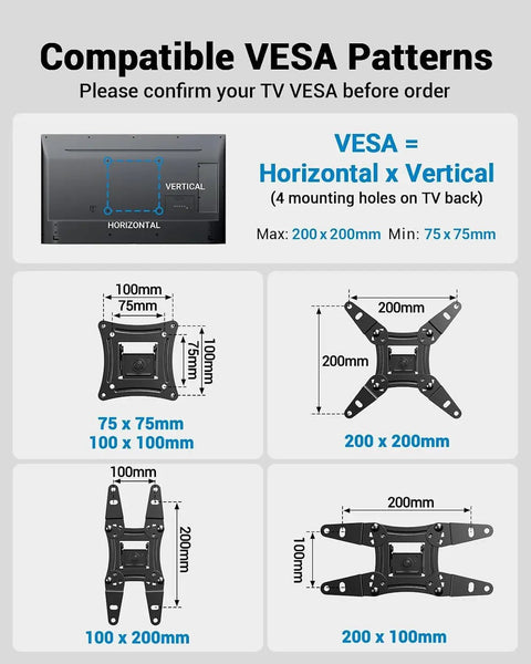 Compatible VESA Patterns for Next Level Full Motion TV Wall Bracket, shows sizes from 75x75mm to 200x200mm.