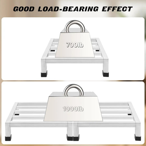 Heavy Hitter 4 Pack Stainless Steel Dunnage Rack showing weight capacity of 700 lb and 1000 lb on stainless surface.