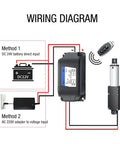 Wiring diagram for Compact 24V DC Linear Actuator with 150N Thrust, showing battery and adapter methods.