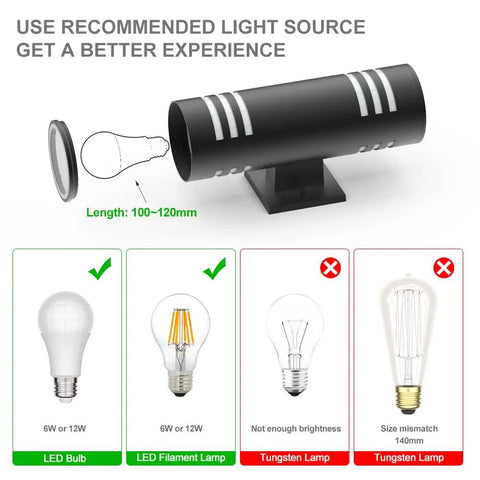 Prime Pick Modern Up Down Outdoor Wall Lights, Zero Hassle Black Aluminum Porch Sconces With Tough Water Shield E26 Mount For Driveway And Garage Space, 2 Pack, light bulb recommendations.