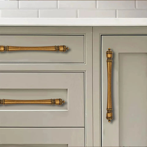 Top Shelf Vintage Antique Brass Cabinet Pulls Three And Three Quarter Inch Centers Solid Metal Drawer Handles For Kitchen Cabinets And Bathroom Vanities on gray cabinets.