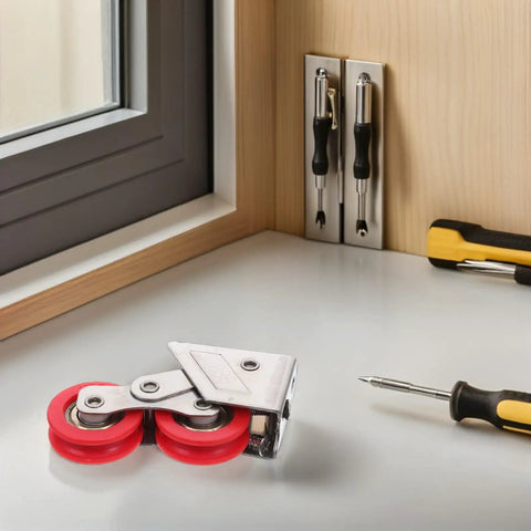 Heavy Duty Stainless Steel Double Roller Wheels For Sliding Door Replacement Kit resting on a surface with tools nearby.
