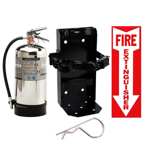 Two Pack Class K Kitchen Fire Extinguisher With Built Tough Steel Mount Bracket And Easy View Safety Sign For Commercial Grade Grease And Fryer Fire Defense with black holder and safety sign.