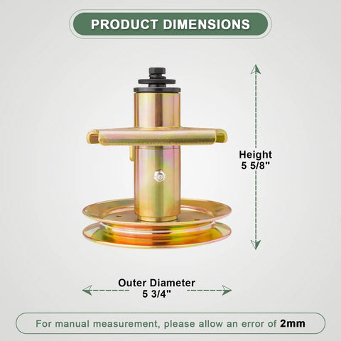 Heavy Duty Spindle Assembly For John Deere STX38 And STX46 Lawn Mower Deck Replacement Part dimensions showing height 5 5/8" and outer diameter 5 3/4".