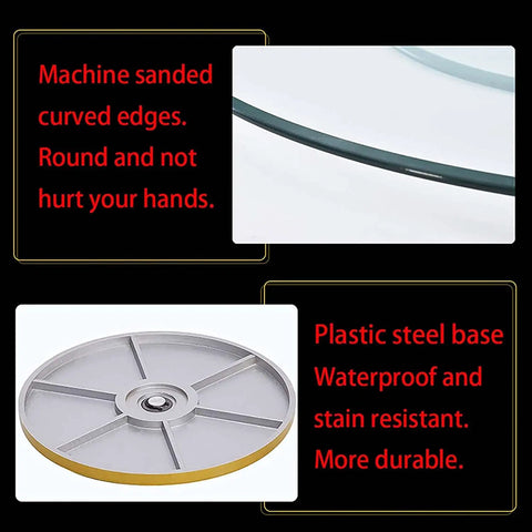 Solid Tempered Glass Lazy Susan Turntable Featuring Smooth 360 Spin And Safe Round Edge Guard with machine sanded edges and plastic steel base.