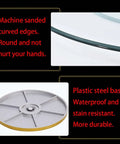 Close-up of Transparent Tempered Glass Lazy Susan Featuring A Slick Swivel Plate and Safer Flared Rim for easy serving.