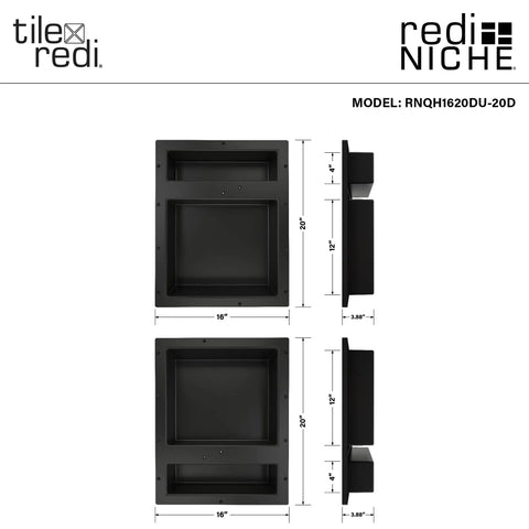 Quad Recessed Shower Shelf Niche With Four Inner Shelves, 32 Inch Wide By 20 Inch High By 4 Inch Deep, Black, Front and Side Views