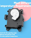 HVAC Blend Door Actuator Featuring Crisp Climate Control And No Sweat Upgrades For Toyota Camry Models and Lexus ES350 Vehicles. Black actuator with white gear.