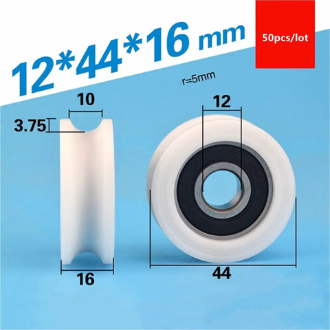10 Pack Badass U Groove Plastic Coated Bearing 6201 12mm Bore 44mm OD 16mm Thickness POM Nylon White Pulley Wheel shown with dimensions.