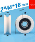 Ten Piece U Groove Plastic Coated Bearing Kit With Slick Nylon Pulley Design Smooth Rotation Tough As Nails Core 6201 Specs 12 By 44 By 16 mm Dimensions close-up of white track guide roller with measurements.