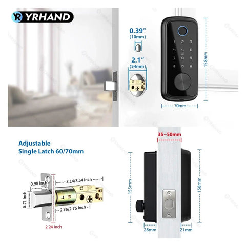 Rock Solid Wifi Smart Deadbolt Lock Loaded With Biometric Fingerprint Keypad Zigbee Hub And Mobile App Control For Bully Proof Front Door Security Zero Drama with dimensions and latch details.