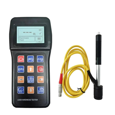 Portable Digital Hardness Tester For Stainless Steel Copper Aluminum Heavy Duty Case Multi Angle Lcd Screen Hr B Hr C Hv Hb Hrhl Scales Built Tough As Nails with display and yellow probe cable.