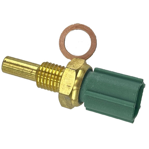 Side view of engine coolant temperature (ECT) sensor: brass threaded shaft, hex nut, green connector, copper washer