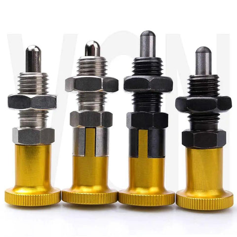 Dead Nuts Heavy Duty Indexing Plungers With Smooth Aluminum Knobs And Spring Loaded Lock Pins Featuring Fine Threaded Screws and multiple sizes