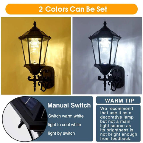 Solar Wall Lantern Outdoor Light Dusk To Dawn, 21 Inch Aluminum Housing, Warm and Cool Light, Manual Switch Display