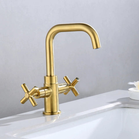 Modern Brushed Gold Bathroom Sink Faucet With 360 Degree Swivel Spout, 4 Inch Single Hole Or 3 Hole Centerset, 2 Handle Cross Handles