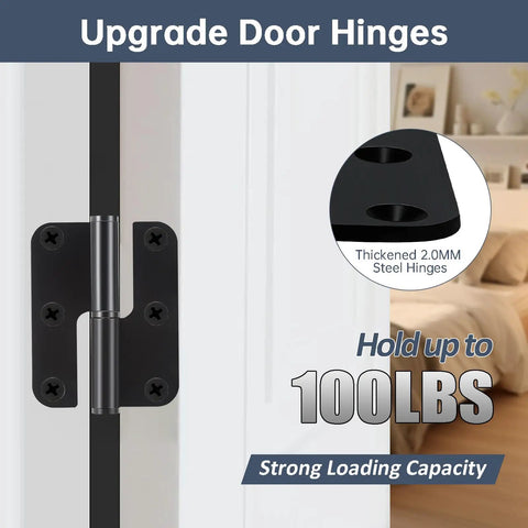 Close-up of Six Pack Three Inch Lift Off Door Hinges In Black with strong loading capacity, mounted on a white door.