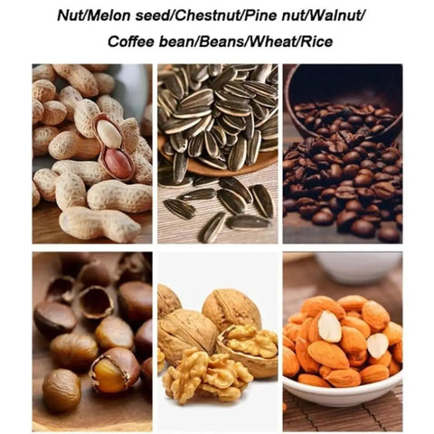 Level Up Your Home Roasting Game With This Hella Easy Electric Coffee And Nut Machine Featuring Precise Thermostat Control Nonstick Drum For Crispy Peanuts Cashews And Rich Beans Every Single Time, assorted nuts and coffee beans.