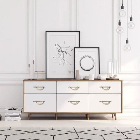 10 Pack Brushed Satin Nickel And Gold Cabinet Pulls With 5 Inch Hole Centers on a modern white dresser.