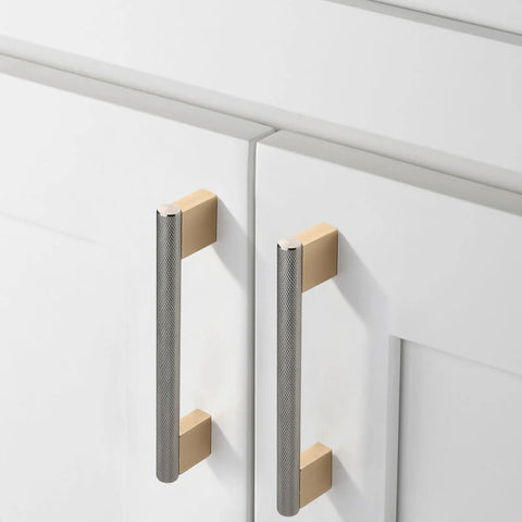 Premium Gold Brushed Nickel Knurled Cabinet Pulls 10 Pack Heavy Duty Rust Proof Hardware on white cabinet doors.