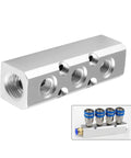 Rock Solid Aluminum 3 Way Pneumatic Manifold Air Distribution Block With No Fuss Quick Connect Fittings Dual Inlets Triple Outlets for precision air systems.