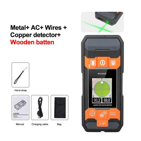 Pro Grade Wall Scanner And Stud Finder Packing Metal Detector Wire Voltage Meter And Laser Range Finder With Bright LCD Screen.