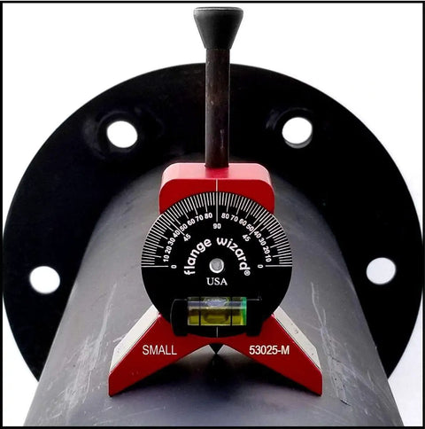 Magnetic Centering Head Protractor Level For Small Diameter Pipe Alignment tool on black pipe, featuring 1-inch compatibility