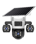 Kickass 4G Outdoor Security Camera With Triple Lens Setup And Smart Panoramic Tracking Solar Driven For Nonstop Yard Patrols No Wifi Bills Just Pop A Sim Card And Get It Done, featuring solar panel and three cameras.