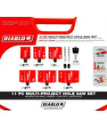 Bi Metal Hole Saw Set With Variable Tooth Design Fits Snap Lock Plus Mandrel System Includes Six Hole Saw Cups One Mandrel Two Pilot Bits And Two Adaptor Nuts Deep Cut Capacity Two And Three Eighths Inch Heavy Duty Fast Drilling case with accessories