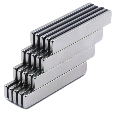 Heavy Duty Badass Neodymium Bar Magnets, 24 Pack Rare Earth Kickass Adhesive Backing stacked in rows, silver finish.