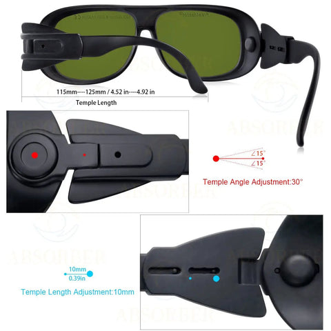 Pro Level Laser Safety Glasses With Slick Low Profile Frames And Hella Secure OD 6 Plus Shielding Over Violet And Infrared Bands For Indoor Or Outdoor Shop Work with adjustable temple and angle settings.
