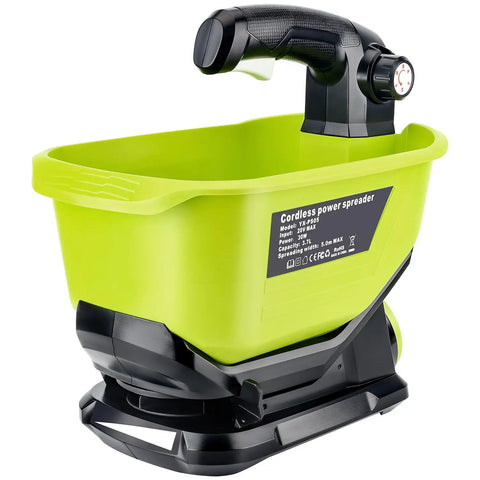 Side view of Cordless Salt And Seed Spreader For Ryobi 18V Battery, featuring a green 3.7L hopper for seeding, fertilizing, and ice melt.