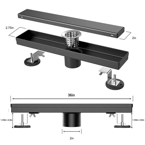 36 Inch Matte Black Linear Shower Drain With Reversible Flat And Tile Insert Cover For Easy Install No Fuss Stainless Steel Rectangle Shower Floor Drain With Hair Catcher And Adjustable Feet