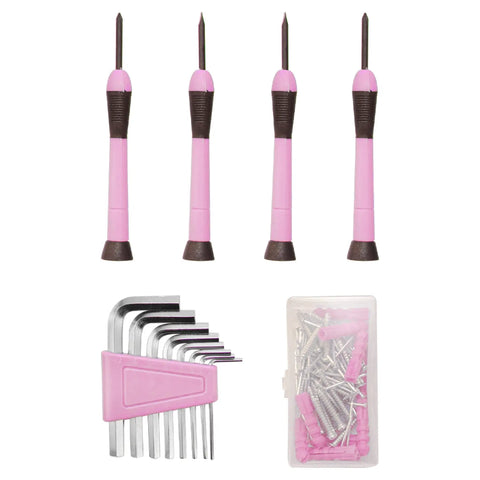 Light Pink Go To Home Tool Set Kit With Storage Case For Easy DIY Fixes Hammer Pliers Screwdrivers Tape Measure And More Chrome Plated Corrosion Resistant Hand Tools Ready To Tackle Small Projects - pink screwdrivers and hex keys