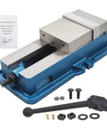 5 X 4.92 Precision Mill Vise Without Base Locking Clamp For CNC Milling Machines shown with accessories and instruction manual.