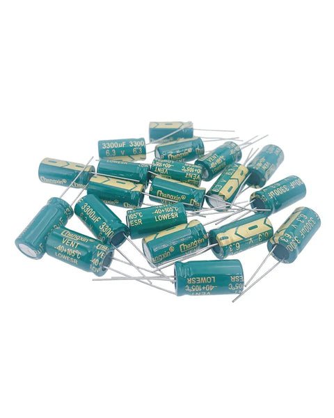 Built Tough Aluminum Electrolytic Capacitors 3300uf 6.3v 10x20mm 20 Pack, assorted angles of green capacitors with leads.