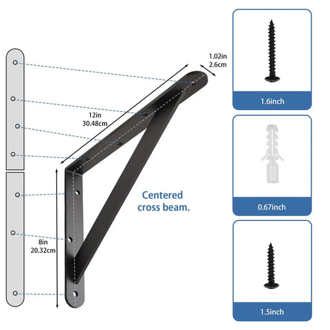 Built Tough As Nails 12X8 Inch Heavy Duty L Brackets For Shelves, black steel angle mount with centered cross beam and screws.