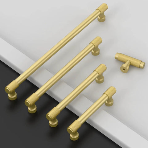 Premium 10 Pack Brushed Gold Knurled Cabinet Knobs showcasing various sizes, sturdy metal design for drawers and wardrobes.