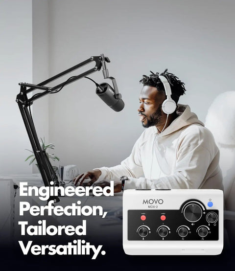 Get Your Podcast Rolling With This Portable Bundle Featuring A Dope Dual Channel Audio Interface And Two Crisp Dynamic Microphones Plus Adjustable Boom Arms For Phones And Computers, showing MDX-2 interface and microphone.