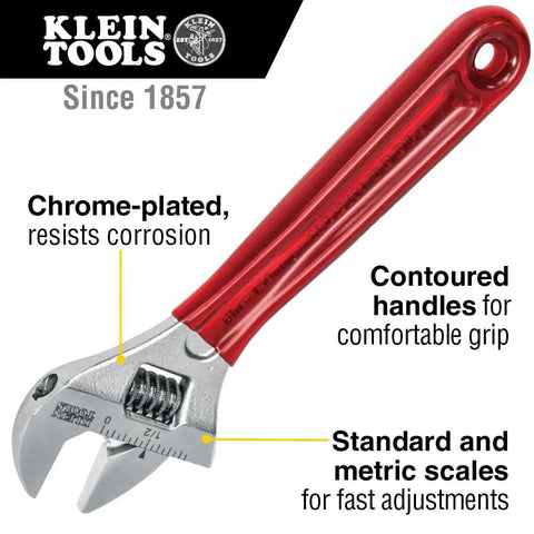 Extra Capacity Adjustable Wrench With Forged Alloy Steel Jaw, High Polish Chrome Finish, 6 1/2 Inch Length, red handle