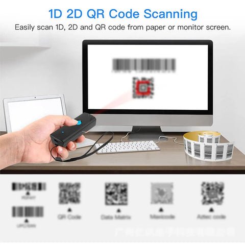 Mini 2D Wireless Barcode Scanner With 3 In 1 Connectivity Bluetooth 2.4GHz USB 2.0 Wired used for scanning QR code on screen