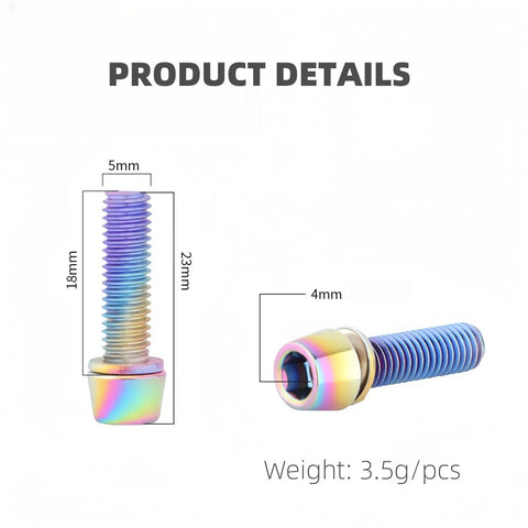 Top Performance M5x18mm Titanium Bike Stem Bolts With Dope Red Pvd Finish And 4Mm Socket Hex Heads, 18mm length and 4mm socket size.