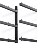 Heavy-Duty Wall Mounted Lumber Rack, Beefy Three-Tier Garage Shelf And Shop Wood Organizer, black metal support brackets.