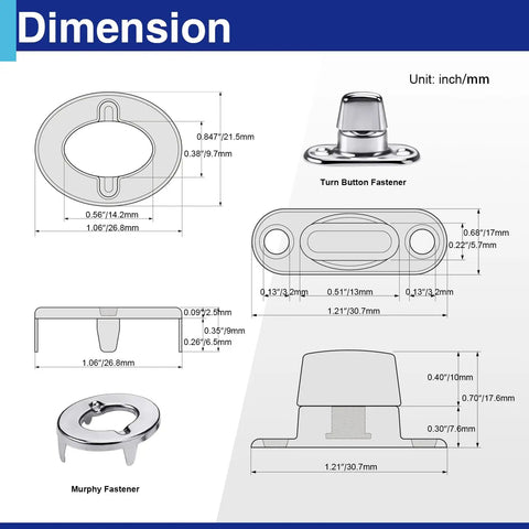 Dimension diagram of Whopping Ten Pack Heavy Duty Zinc Alloy Twist Lock Fasteners, Bulletproof Turn Buttons.