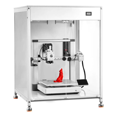 Badass Enclosed 3D Printer Tent With Hella Steady Chamber Heating And Smart Dual Pass Ventilation Featuring Integrated Led Task Lights Dustproof Waterproof Acrylic Housing For Zero Hassle Printing with a red print displayed inside.