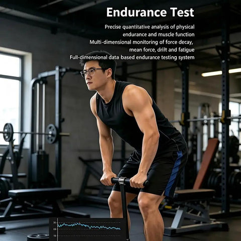 Man performing endurance test using Heavy Duty Digital Force Gauge And Push Pull Tester With Bluetooth App Sync in gym.