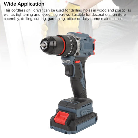 Heavy Duty Cordless Drill Driver With 1500 Rpm Max Spin And 25 Torque Settings High Low Gear Reversible Operation showcasing the drill's durable steel build and adjustable torque settings.