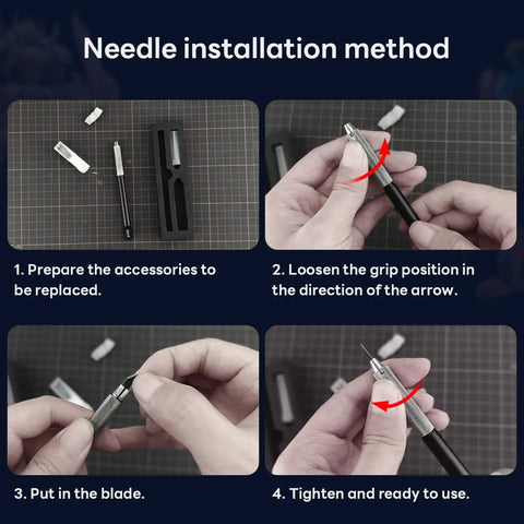 Needle installation method for Boss Level All Metal Craft Knife With Rock Solid Hex Anti Roll Handle And 20 Precision Blades.