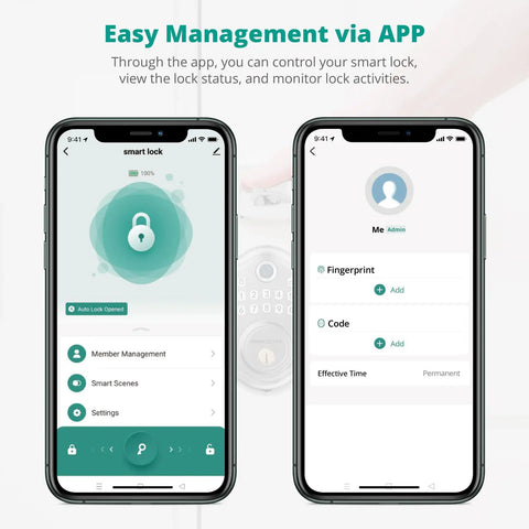 Smartphone app interface showing management features for Slick Fingerprint Keyless Entry Door Lock With Sturdy Lever Handle Set In Brushed Nickel Finish.